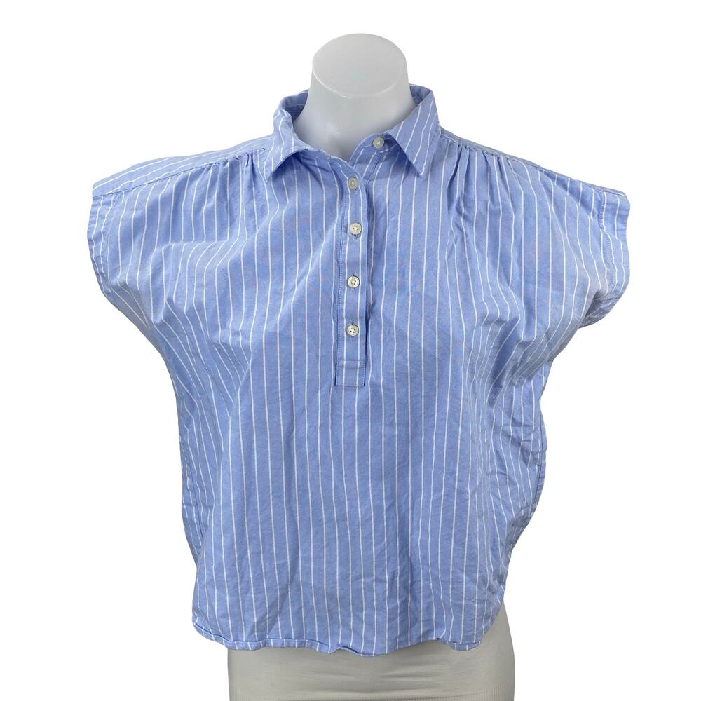 Ann Taylor Weekend Blue Striped Short Sleeve Half Button Front Shirt Top Size XS